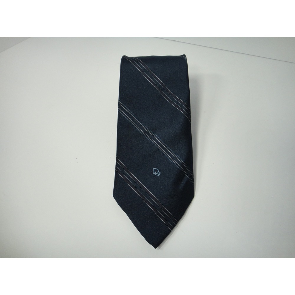 Christian Dior Monsieur Men's Navy Blue Striped Silk Blend Tie Made in USA EUC